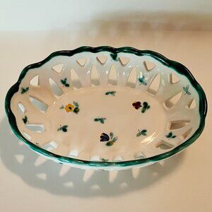 Gmunder Keramik Scattered Alpine Flowers Green Lattice Oval Bowl 8 inches